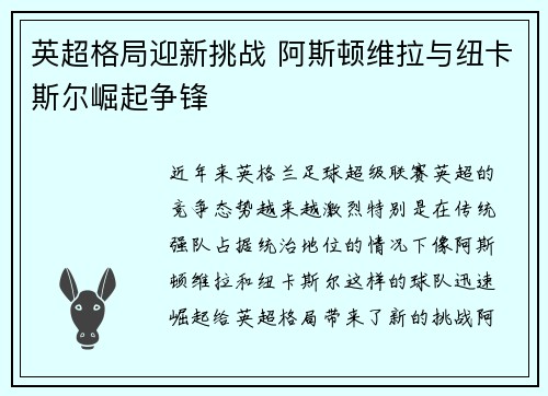 英超格局迎新挑战 阿斯顿维拉与纽卡斯尔崛起争锋