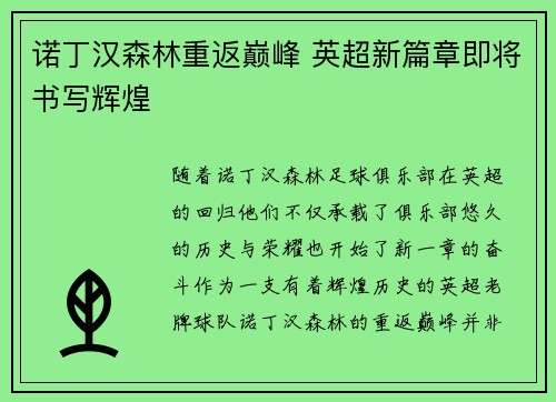 诺丁汉森林重返巅峰 英超新篇章即将书写辉煌